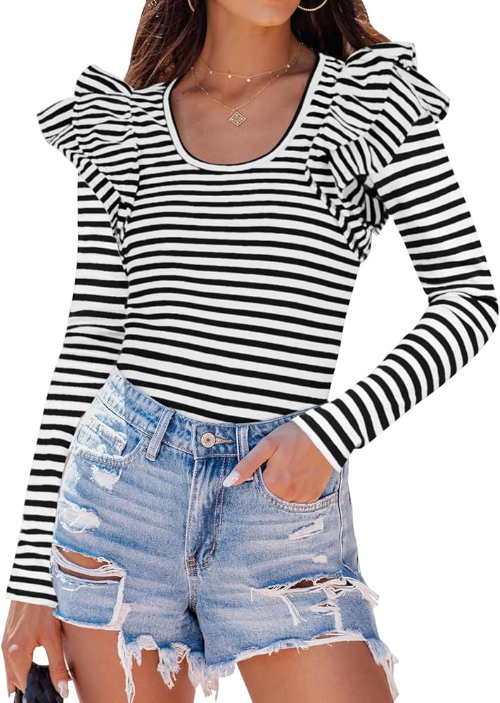 ZESICA Womens Ruffle Long Sleeve Scoop Neck Shirt Striped Slim Fitted Casual Basic Tee Tops 2024 Trendy Fall Clothes