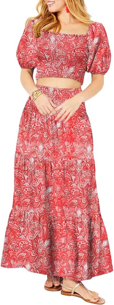 Dokotoo Summer Dresses for Women 2024 Vacation Outfits Square Neck Smocked Tops and Maxi Skirt Dress Sets