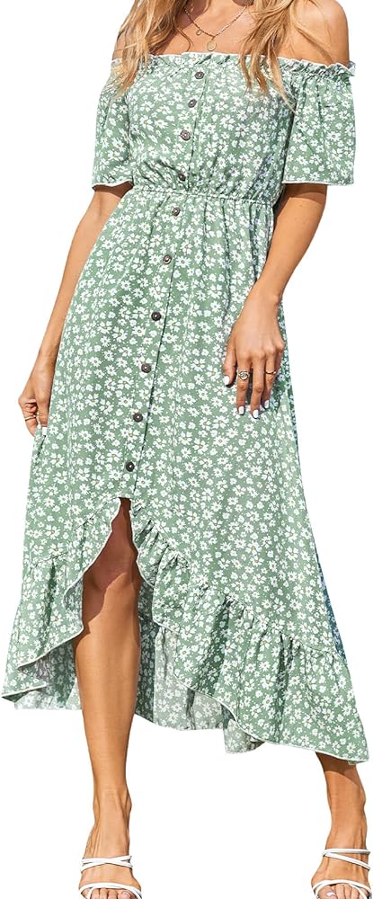 CUPSHE Dress for Women Maxi Dresses Off Shoulder Ditsy Floral Print Short Sleeve Frill A Line Dress