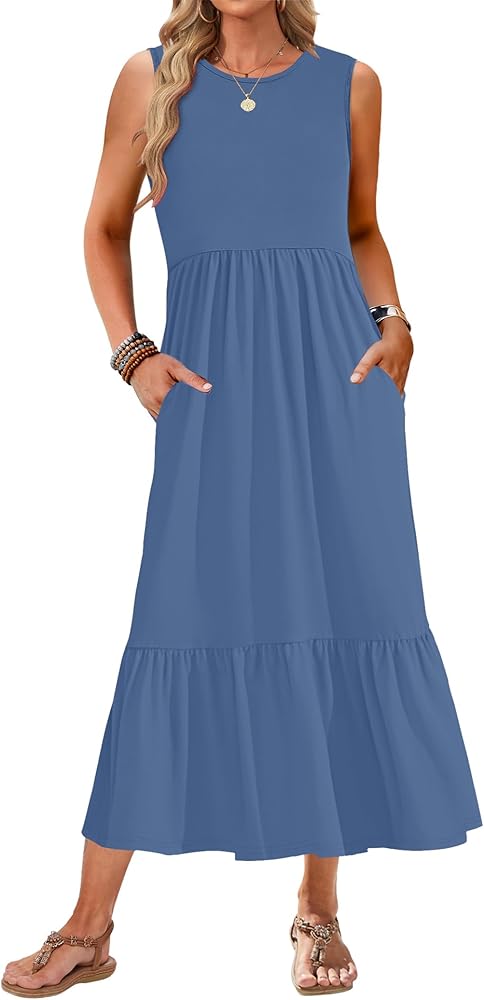 AUSELILY Womens Summer Dresses 2024 Sleeveless Maxi Dress Crewneck Casual Flowy Tiered Sundresses with Pockets