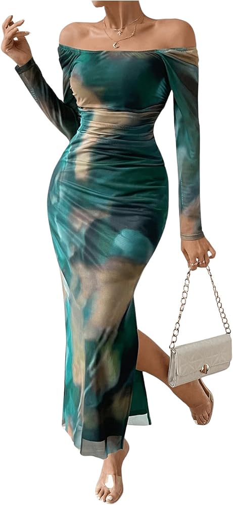 Verdusa Women's Elegant Long Sleeve Dress Tie Dye Off Shoulder Ruched Split Thigh Long Dress