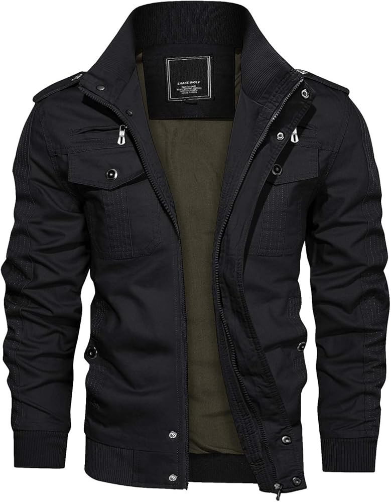 CRYSULLY Men's Spring Fall Casual Windbreaker Jacket Cargo Stand Collar Military Bomber Jackets Coat