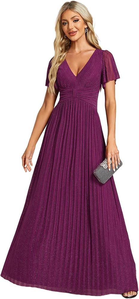 Ever-Pretty Women's Summer Wedding Guest Dress Glitter V Neck Pleated Short Sleeves Evening Mother Dresses 11961