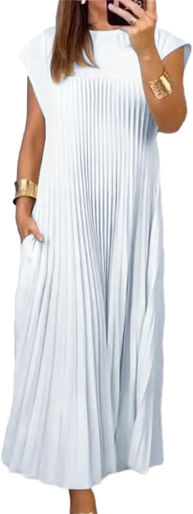 Womens Summer Cap Short Sleeve Maxi Dress 2024 Pleated Casual Loose Long Dresses with Pockets