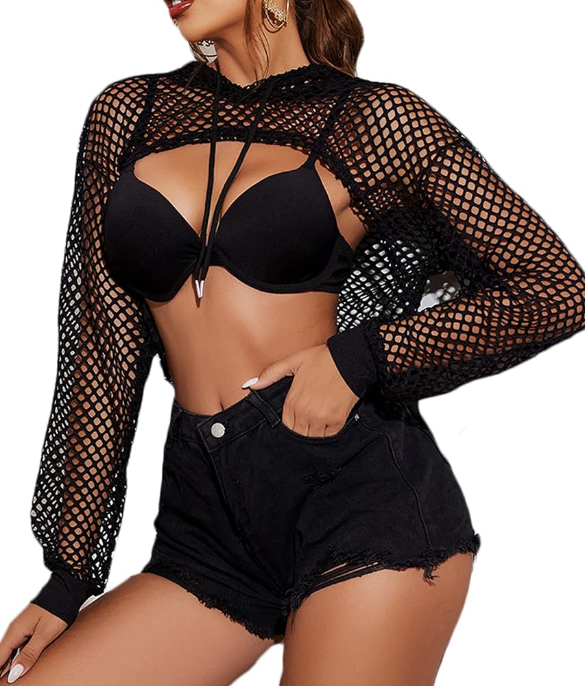 Avidlove Mesh Crop Top Hoodie Rave Tops For Women Long Sleeve Fishnet Shirt for Festival Club Party