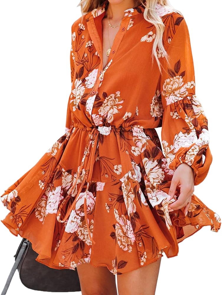 Womens Spring Summer Boho Long Sleeve Flowy Dresses Floral Button Down Lantern Sleeve Tie Waist Ruffle Swing Mini Dress