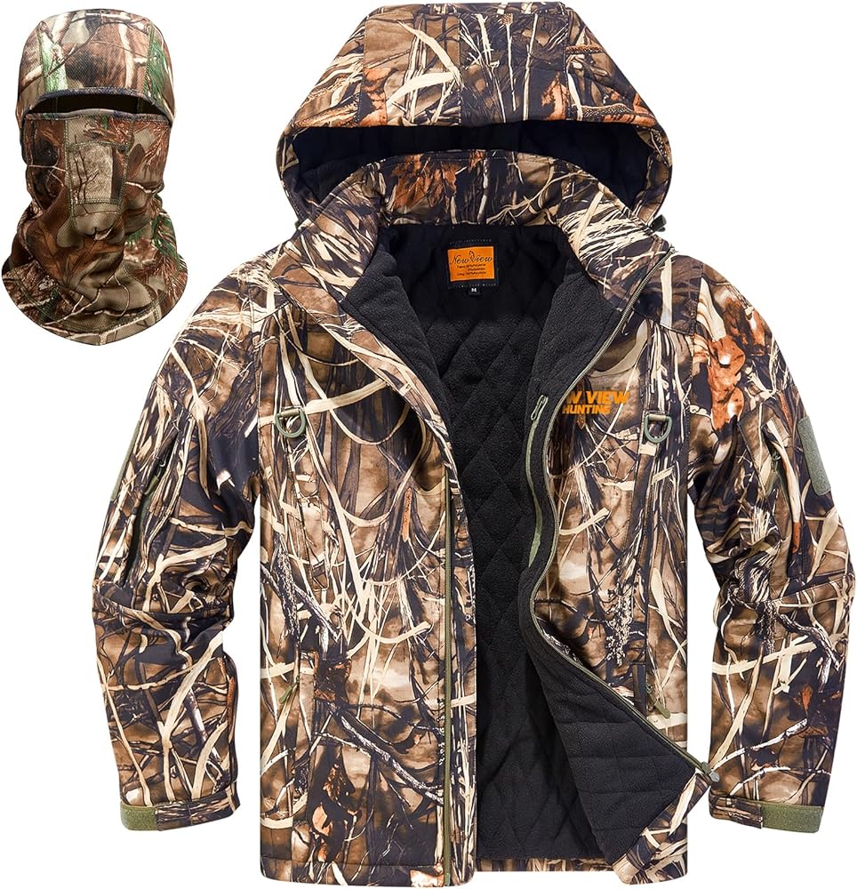 NEW VIEW Insulated Hunting Jacket for Men Cold Weather, Warm Camo Hunting Jackets with Hood, Water Resistant Hunting Clothes