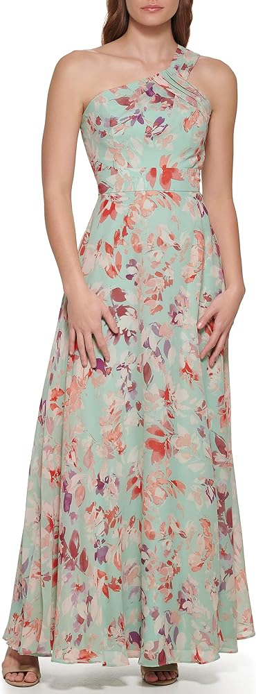 Eliza J Women's Gown Style Printed Chiffon Sleeveless Asymetrical One Shoulder Dress