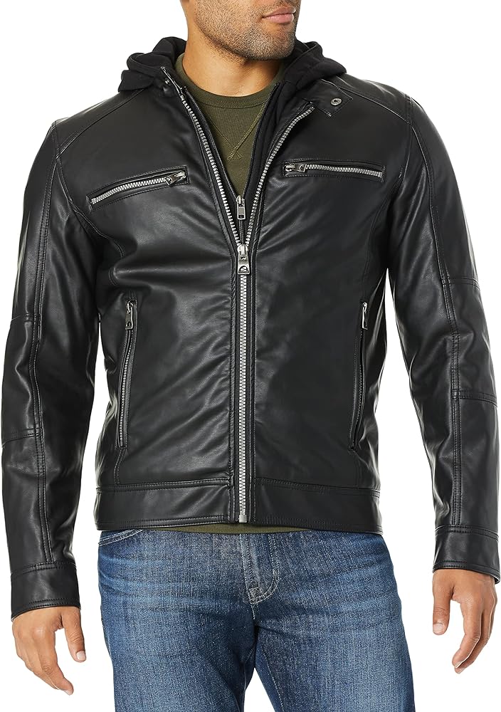 Cole Haan mens Faux Leather Hooded Moto Jacket