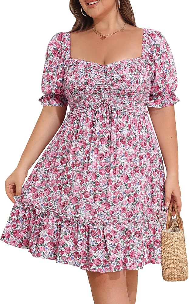 Pinup Fashion Women Plus Size Casual Puff Sleeve Sweetheart Neckline Smocked Short Summer Babydoll Cute Mini Dress