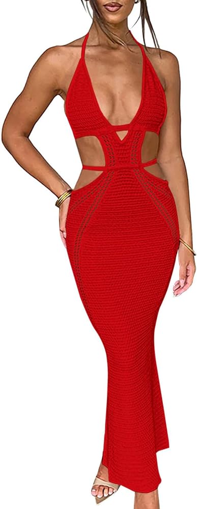 Women's Elegant Bodycon Crochet Dress Halter Tie Back Slim Hollow Out Dress Wedding Party Evening Long Maxi Dresses