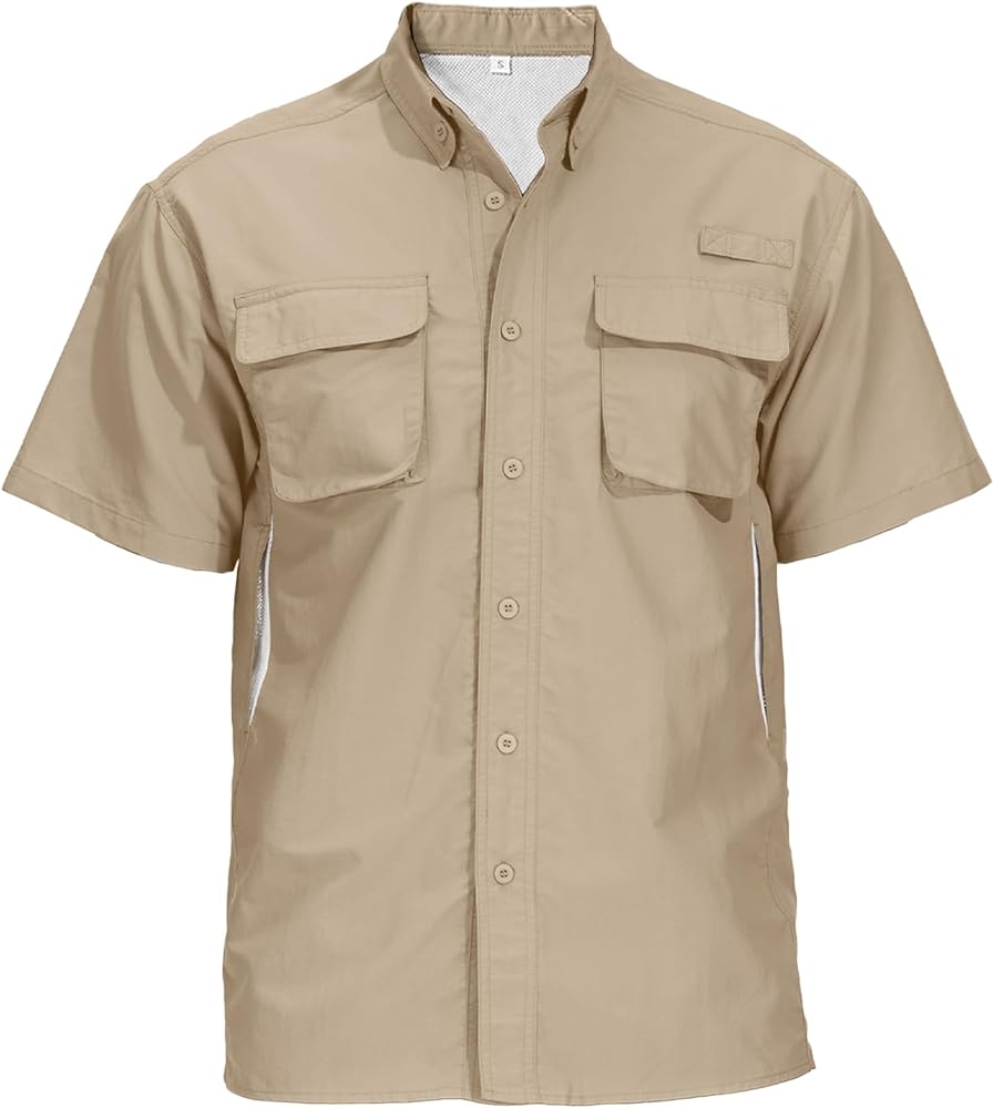 Men's Fishing Shirts with Zipper Pockets UPF50 Sun Protection Safari Lightweight Short Sleeve Button Down Hiking