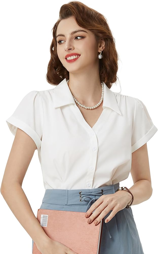 Belle Poque Women Short Sleeve Button Down Shirts Vintage Shirts Business Casual Dressy Blouse Tops