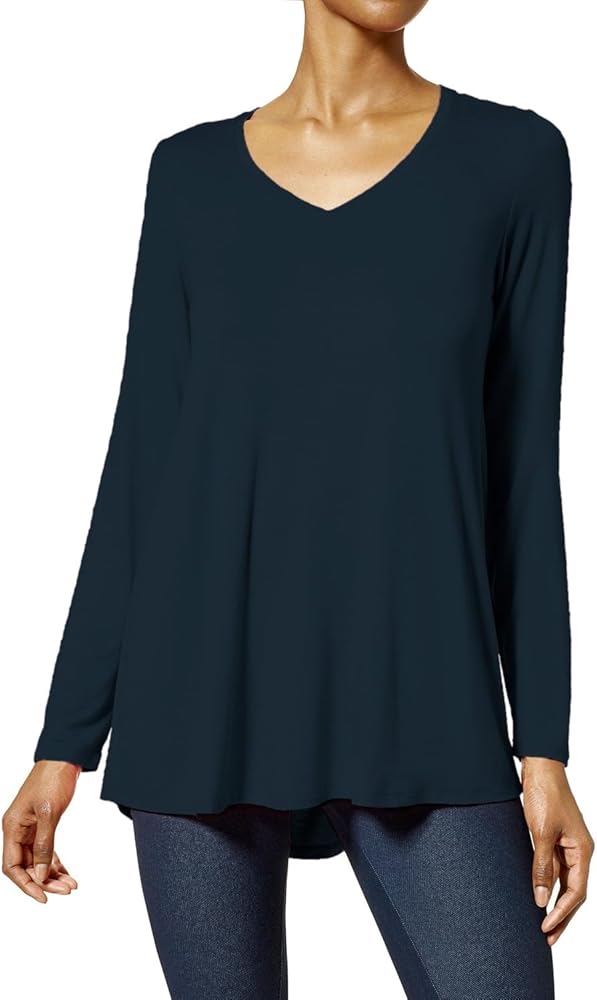 HUE Women's Basic Long Sleeve T-Shirt V-Neck Loose Tunic Top with Hi-Low Hem