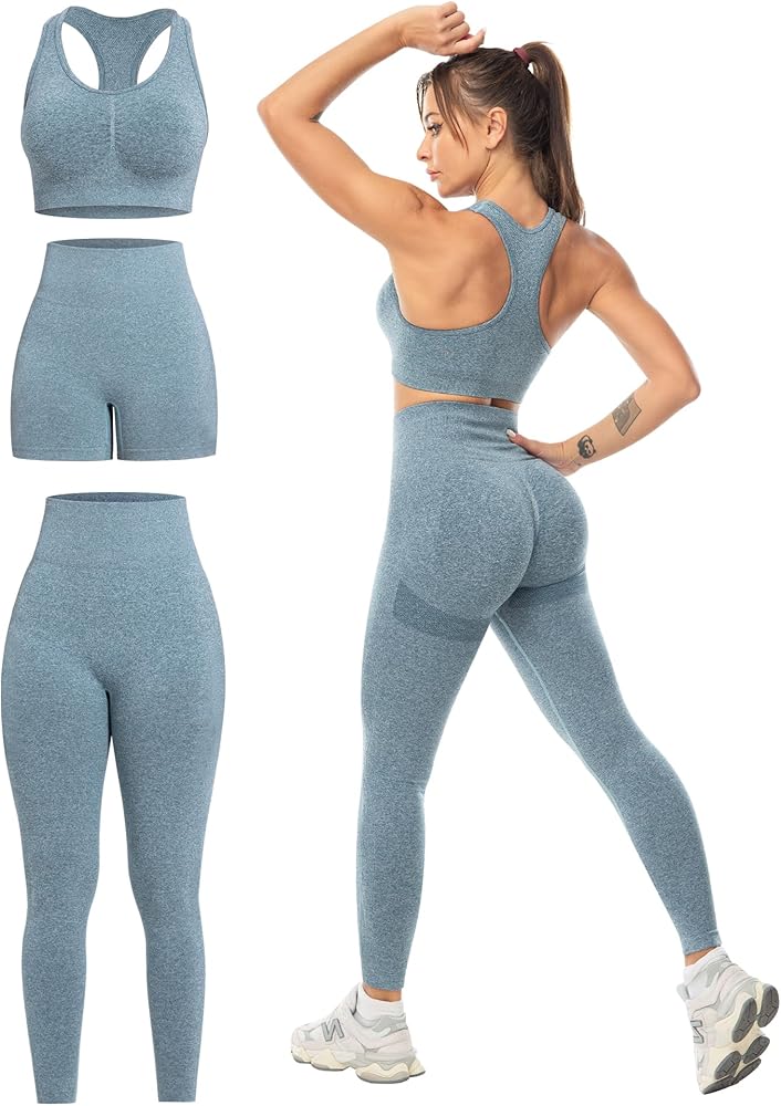 3 Piece Workout Sets for Women Butt Lifting Leggings with High Impact Sports Bra Gym Shorts Activewear Matching Set