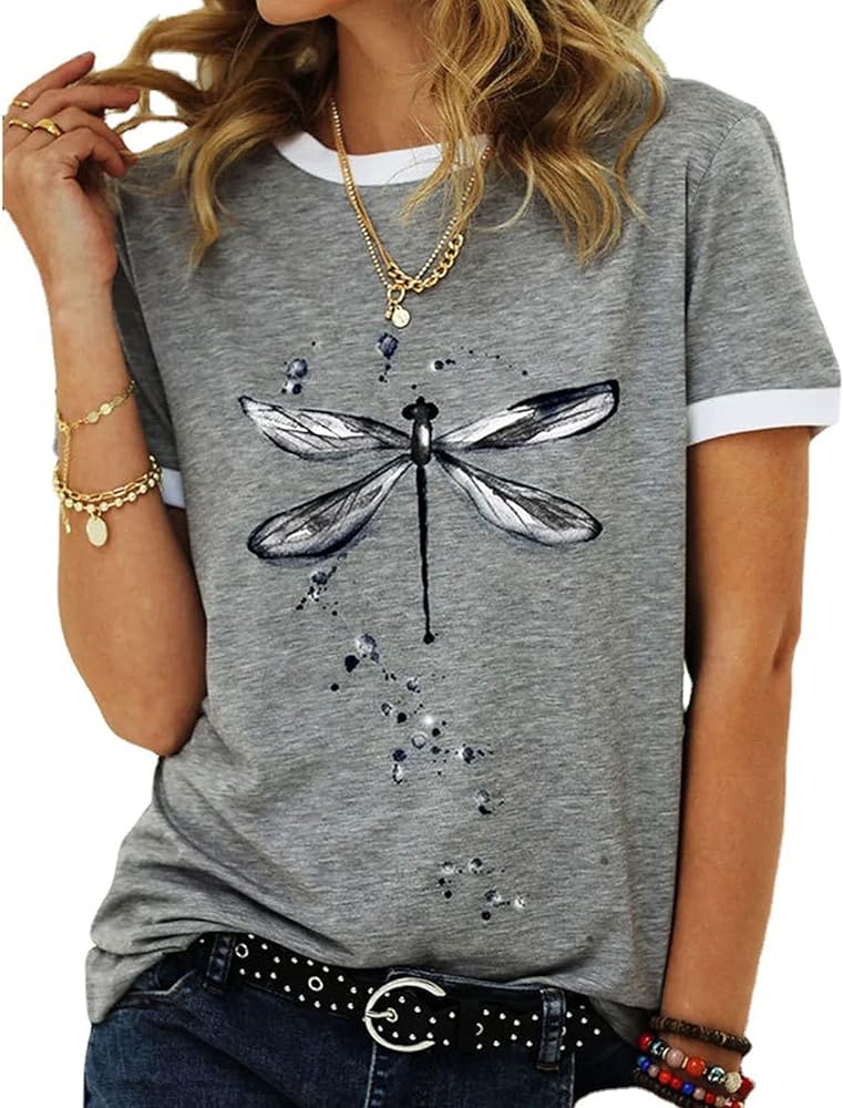 Women's Graphic Tees Casual Summer Funny Dragonfly Printed Short Sleeve Cute T Shirts Tops