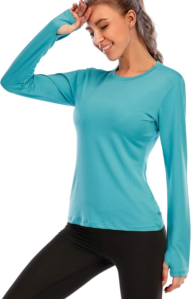 Womens Long Sleeve Sun Shirts - UPF 50+ UV Protection Shirt with Thumbhole for Swim Rash Guard Athletic Running