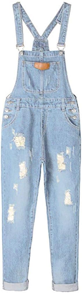 AvaCostume Women's Adjustable Strap Ripped Denim Overalls