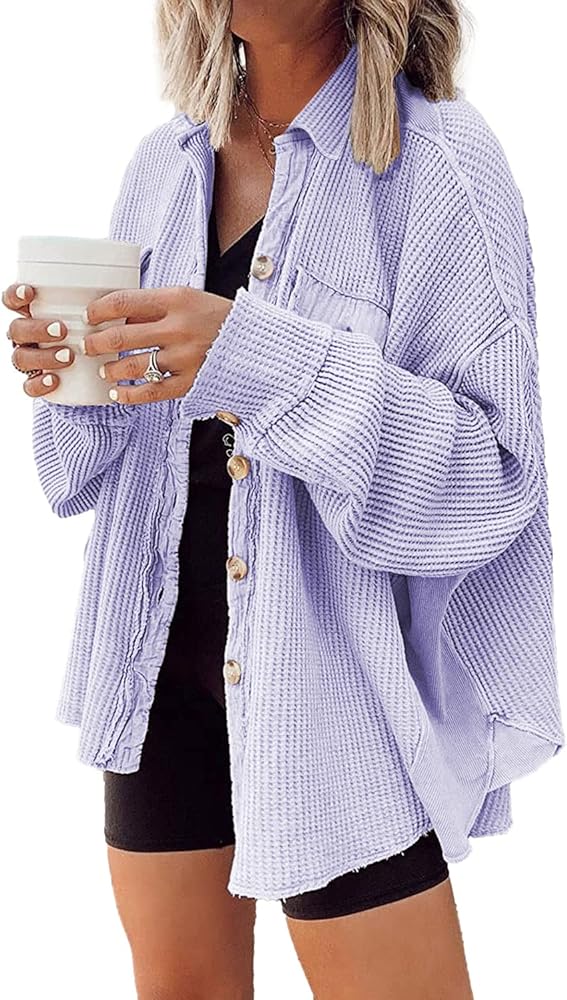 Nirovien Womens Waffle Knit Shacket Oversized Button Down Shirt Jacket Lightweight Long Sleeve Tops with Pockets