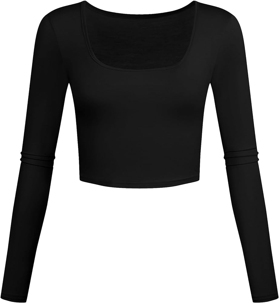 Lightweight Square Neck Crop Tops Long Sleeve Slim Fit Basic Workout Shirts for Women