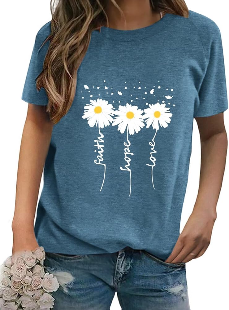 Women Crewneck Daisy Print Short Sleeve T-Shirts Summer Faith-Hope-Love Raglan Sleeve Tees Loose Fit Graphic Tops 2024