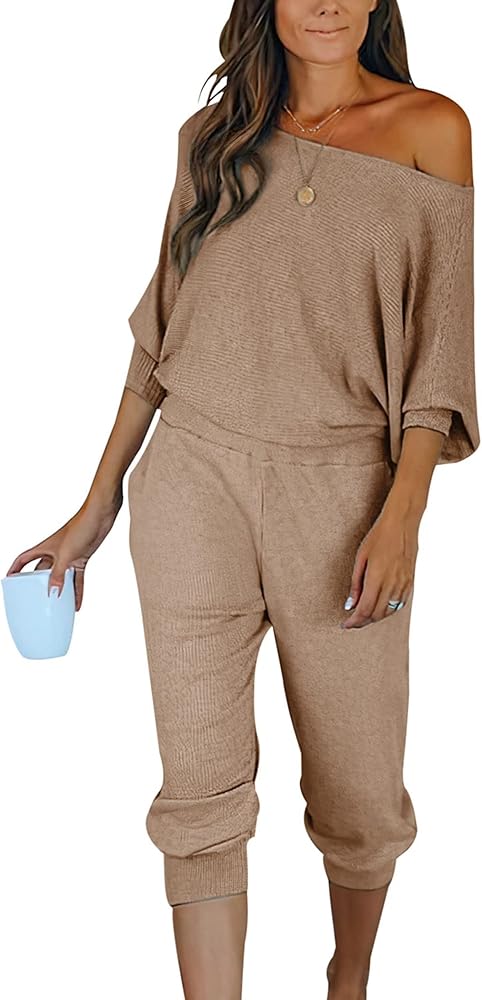 PRETTYGARDEN Women's 2 Piece Ribbed Tracksuit Outfits Off Shoulder Long Sleeve Pullover Lounge Pants with Pockets