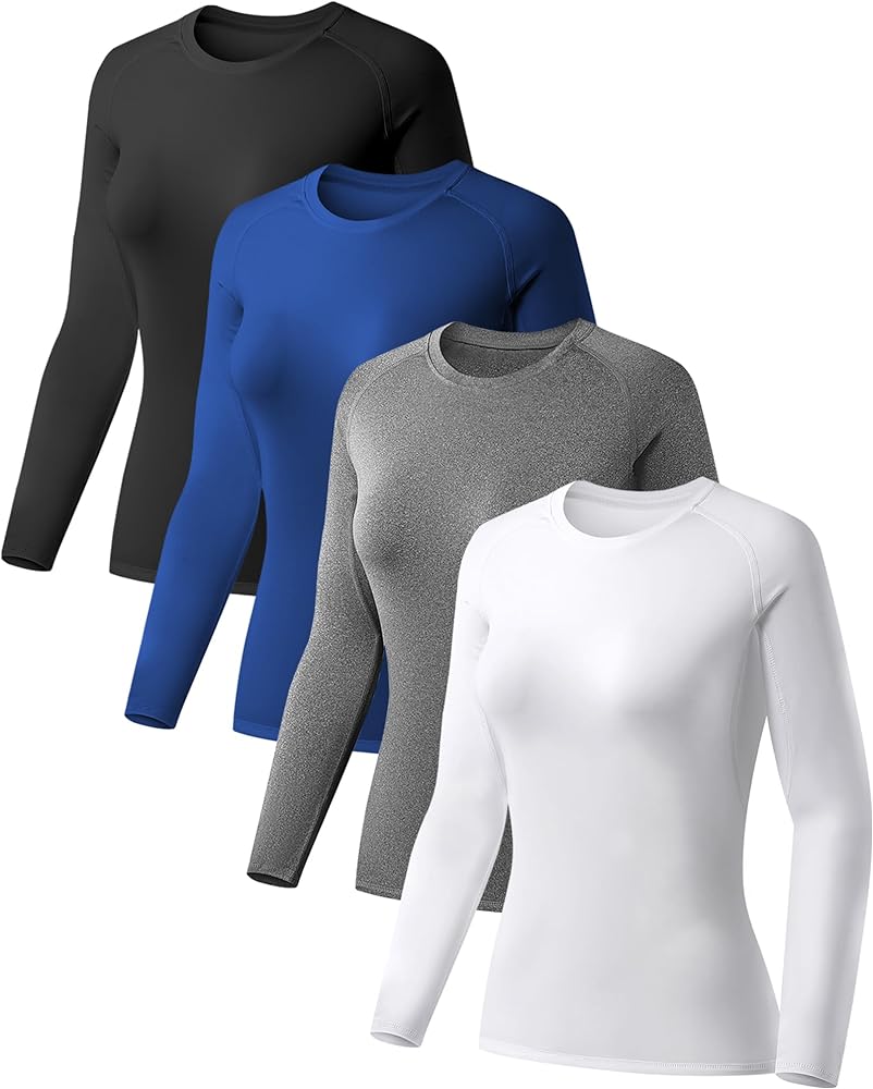 TELALEO 4 Pack Women's Compression Shirt Long Sleeve Performance Workout Baselayer Athletic Top Sports Gear