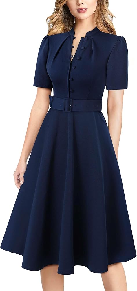 VFSHOW Womens 2024 Business Work Office Pockets Belted Buttons Elegant Fit and Flare A-Line Dress