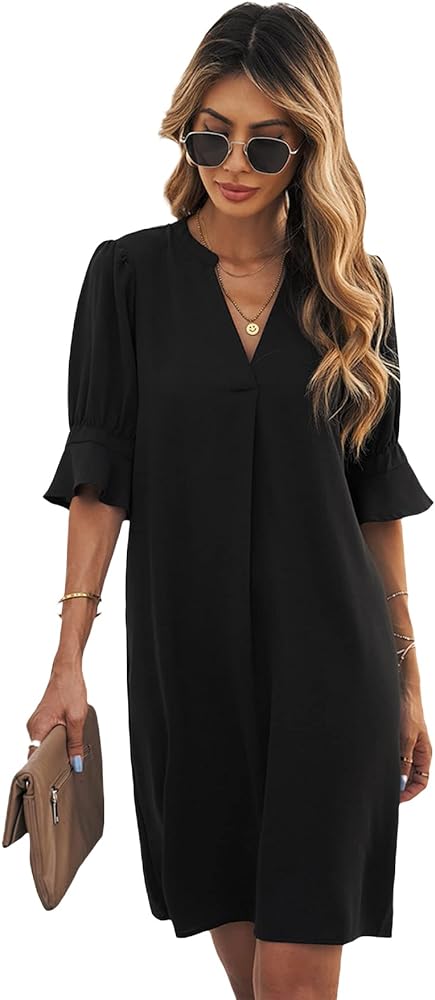 SOLY HUX Women's Notched V Neck Flounce Half Sleeve Casual Short Tunic Dress