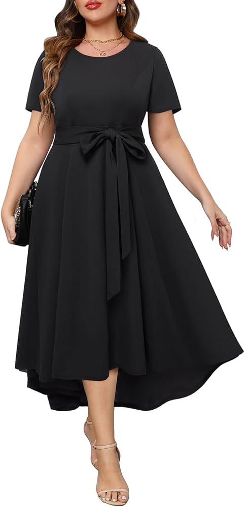 Holipick Women's Plus Size High Low Dress Wedding Guest Semi Formal Short Sleeves Long Cocktail Dresses with Pockets