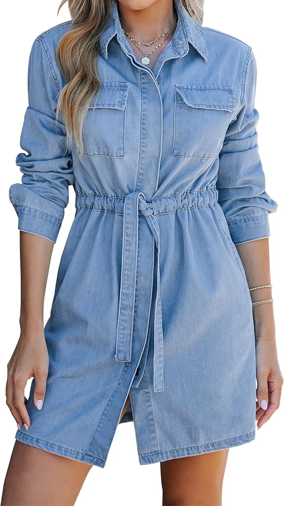 luvamia Denim Dress for Women Long Sleeve Jean Button Down Shirt Dresses with Pockets Casual Fashion Shift Short Dress