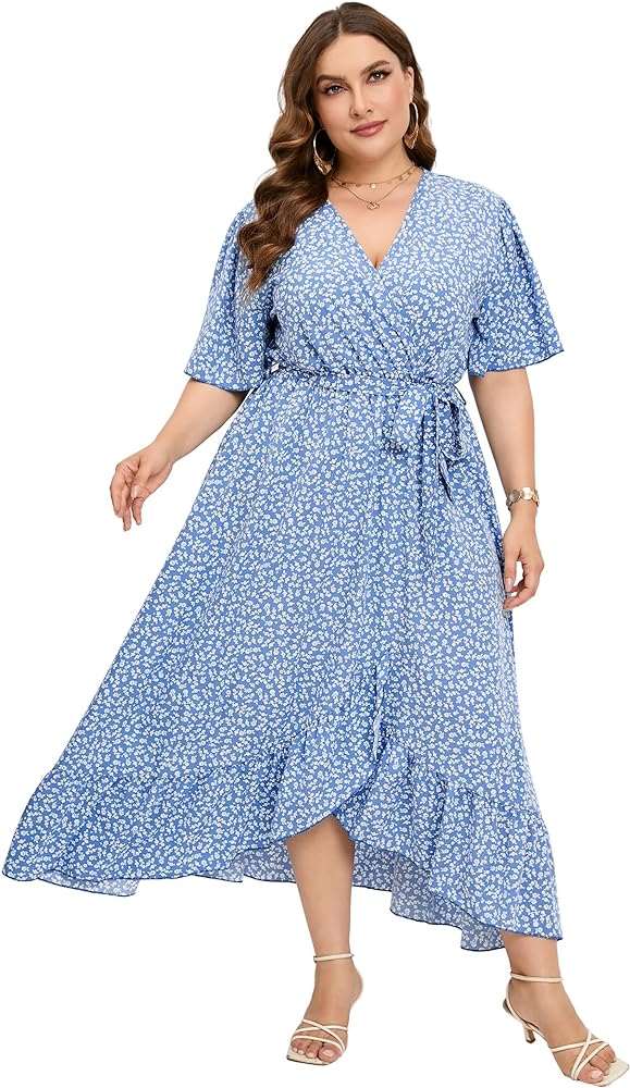 KOJOOIN Plus Size dress Women's Plus Size Casual Floral Print Dress Short Sleeve V Neck A Line Ruffle Dress