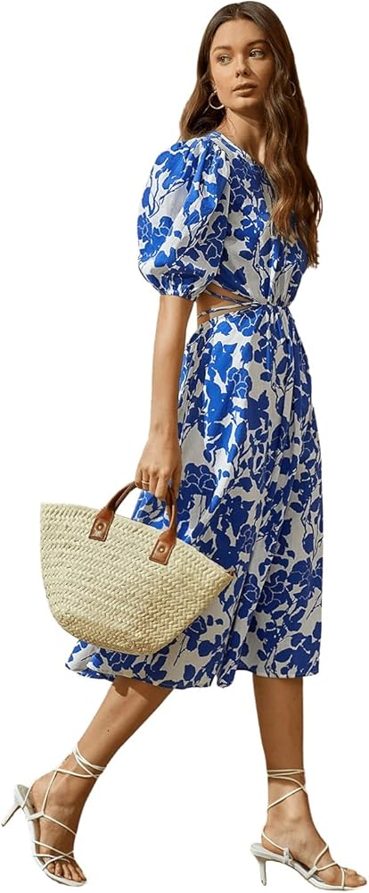 SweatyRocks Women's Boho Floral Puff Sleeve Cut Out Dress Tie Back A Line Midi Dresses