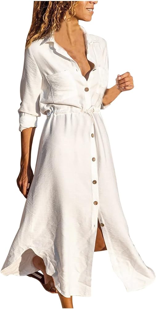 Ceboyel Linen Shirt Dresses for Women Button Down Drawstring Causal Dress Plain Long Maxi Dresses Trendy Ladies Outfits 2023