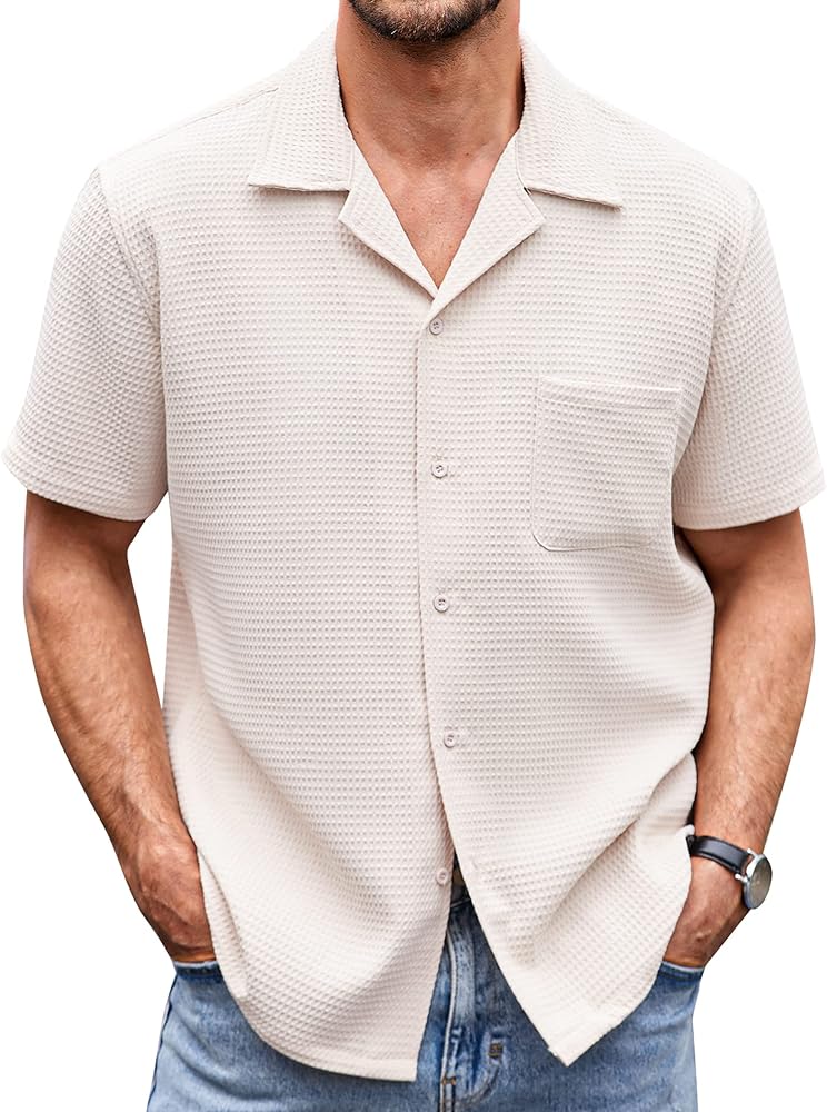 COOFANDY Men's Waffle Shirt Button Down Short Sleeve Shirt Loose Fit Cuban Beach Tops