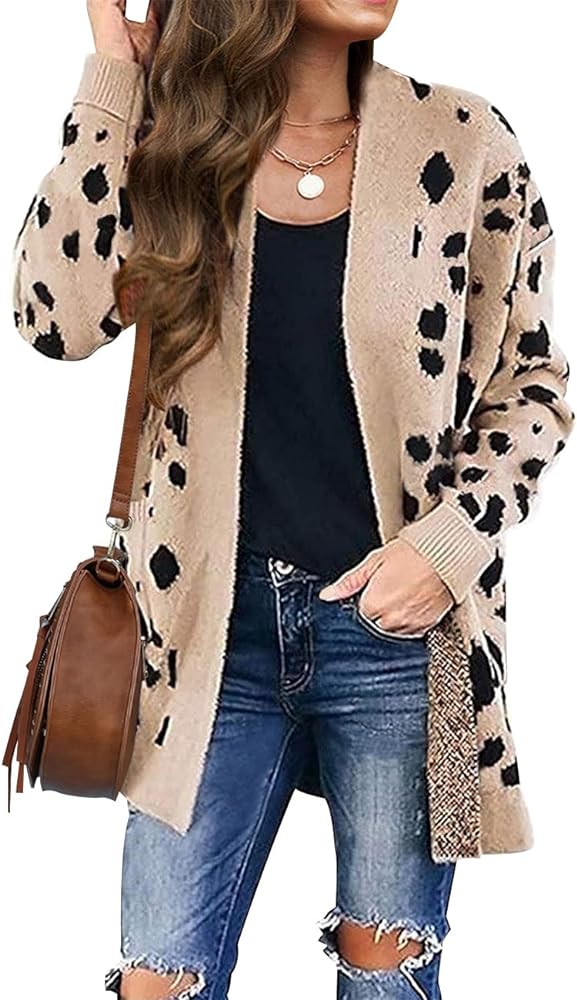 ZESICA Women's 2024 Fall Winter Long Sleeves Open Front Leopard Print Knitted Sweater Cardigan Coat Outwear