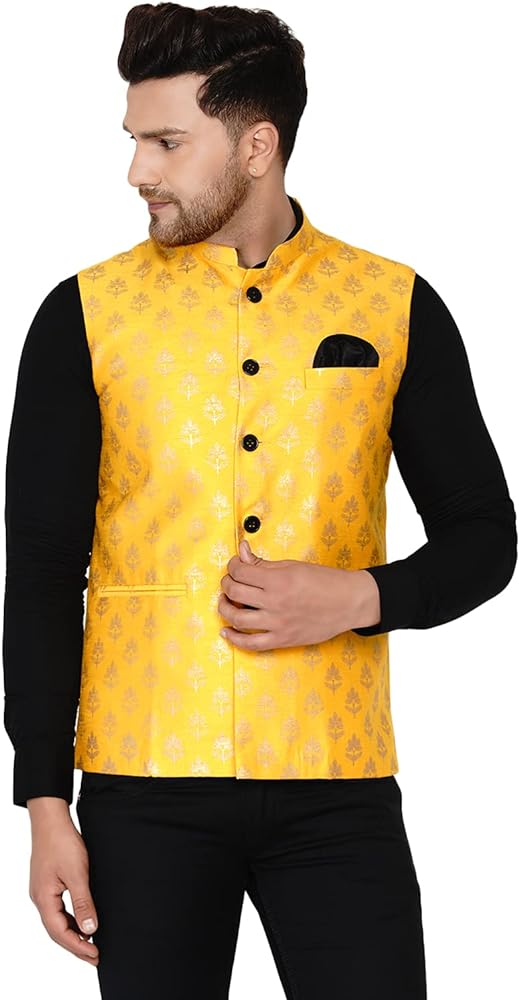 Men's Banarasi Printed Nehru Jacket (Yellow)