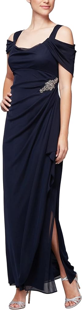 Alex Evenings Women's Plus Size Long Cold Shoulder Dress with Ruched Skirt