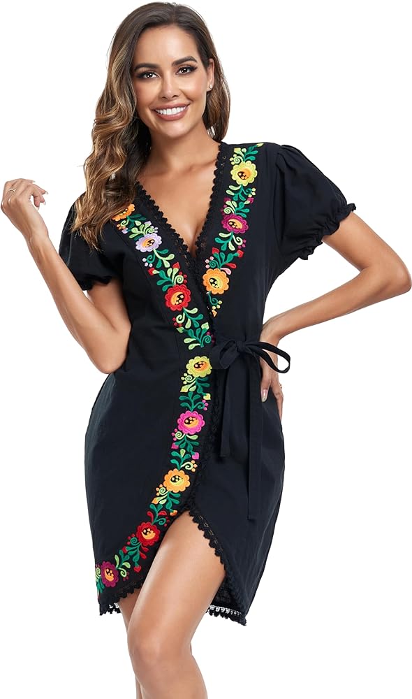 YZXDORWJ Women's Mexican Floral Embroidered Wrap Dress V Neck Short Sleeve Boho Beach Dress