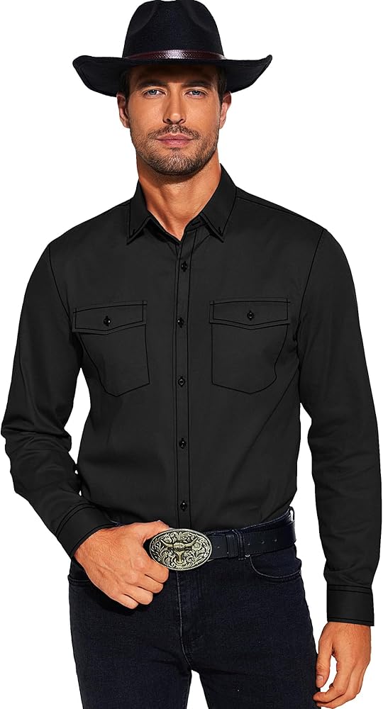 COOFANDY Mens Western Cowboy Shirts Cotton Long Sleeve Shirts with Two Pockets Embroidered