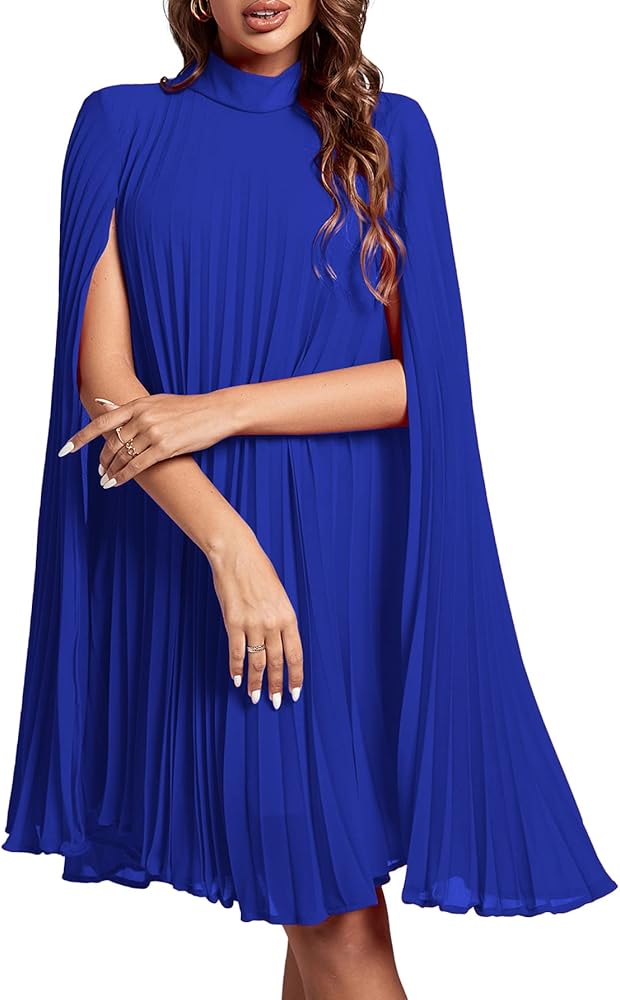 Rooscier Women's Mock Neck Cloak Sleeve Pleated Keyhole Back Flowy Party Midi Dress