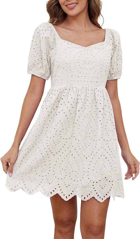 Women's Eyelet Embroidery Mini Dress Puff Short Sleeve with Tie Up Cuffs Short dress Slim Fit Asymmetric Hem Sundress