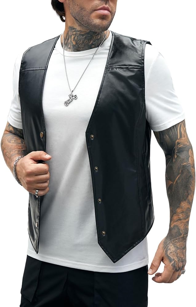 Verdusa Men's Sleeveless PU Leather Vest Jacket Button Front V Neck Waistcoat