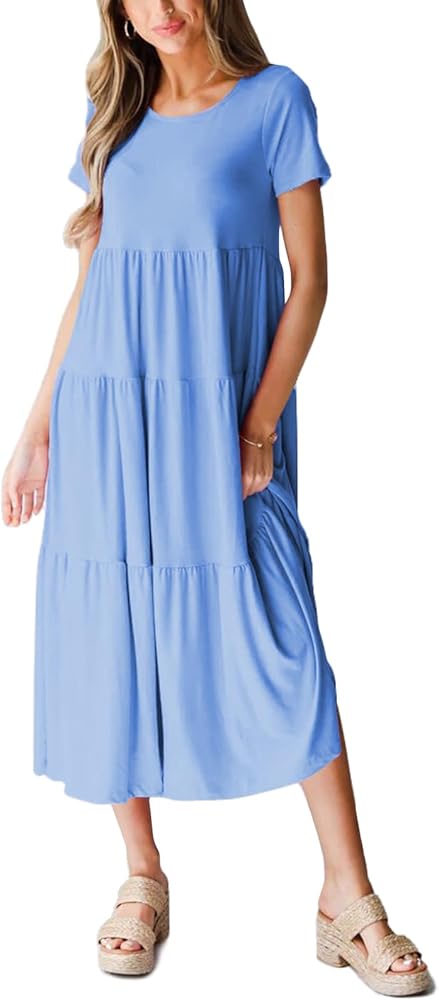 Womens Summer Dress 2024 Flowy Swing Tiered Crew Neck Short Sleeve Maxi Beach Dresses