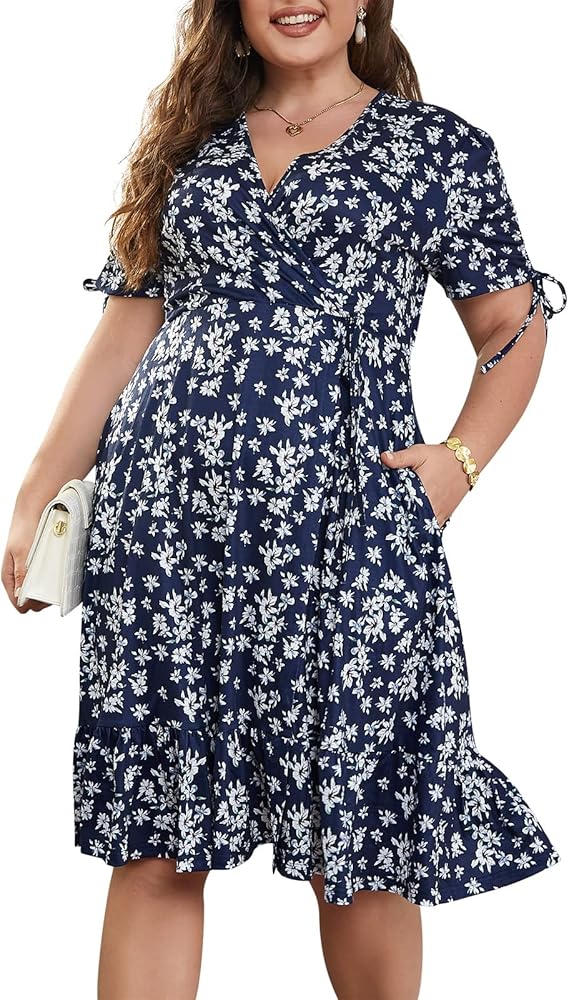 Keluummi Plus Size Wedding Guest Dresses for Curvy Women, Summer Casual Midi Dress with Pocket and Empire Waist