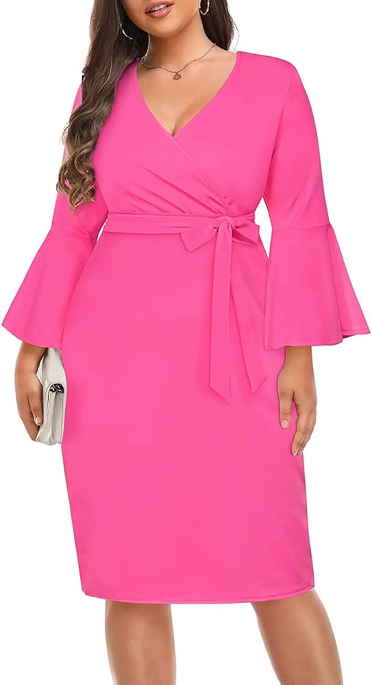 Pinup Fashion Plus Size Church Dresses Women-Work Business Bell Sleeve Wrap Bodycon Pencil Midi Dress