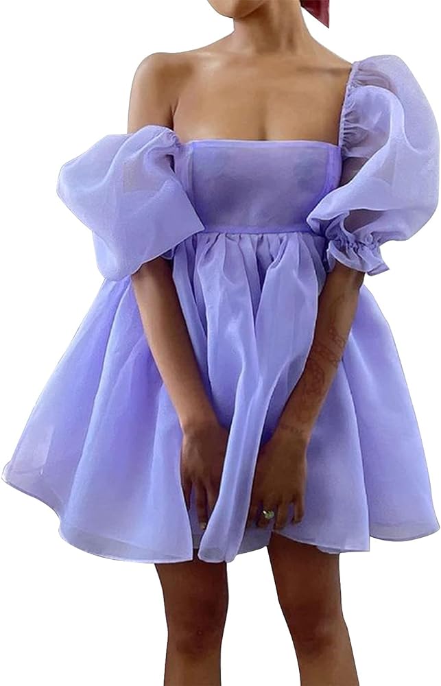 Womens Off-Shoulder Ruffled Fluffy Short-Sleeved Mesh Party Mini Princess Dress