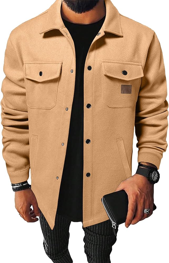 Men's Sherpa Shirt Jacket Flannel Shackets Casual Long Sleeve Lightweight Wool Blend Coats with Pocket