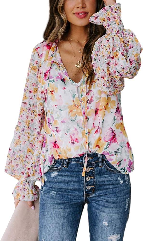 Biucly Women's Casual Boho Floral Print V Neck Long Sleeve Drawstring Tops Loose Blouses Button Down Shirts