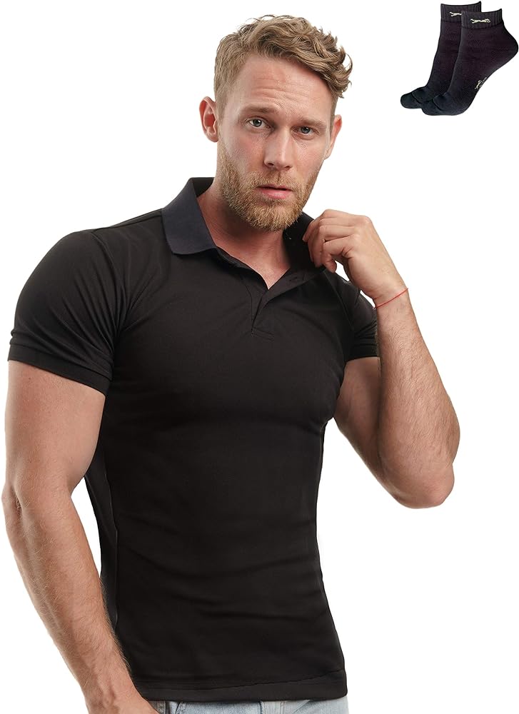 Slim Fit Polo Shirts for Men - Organic Cotton Casual Mens Athletic Shirts with Socks